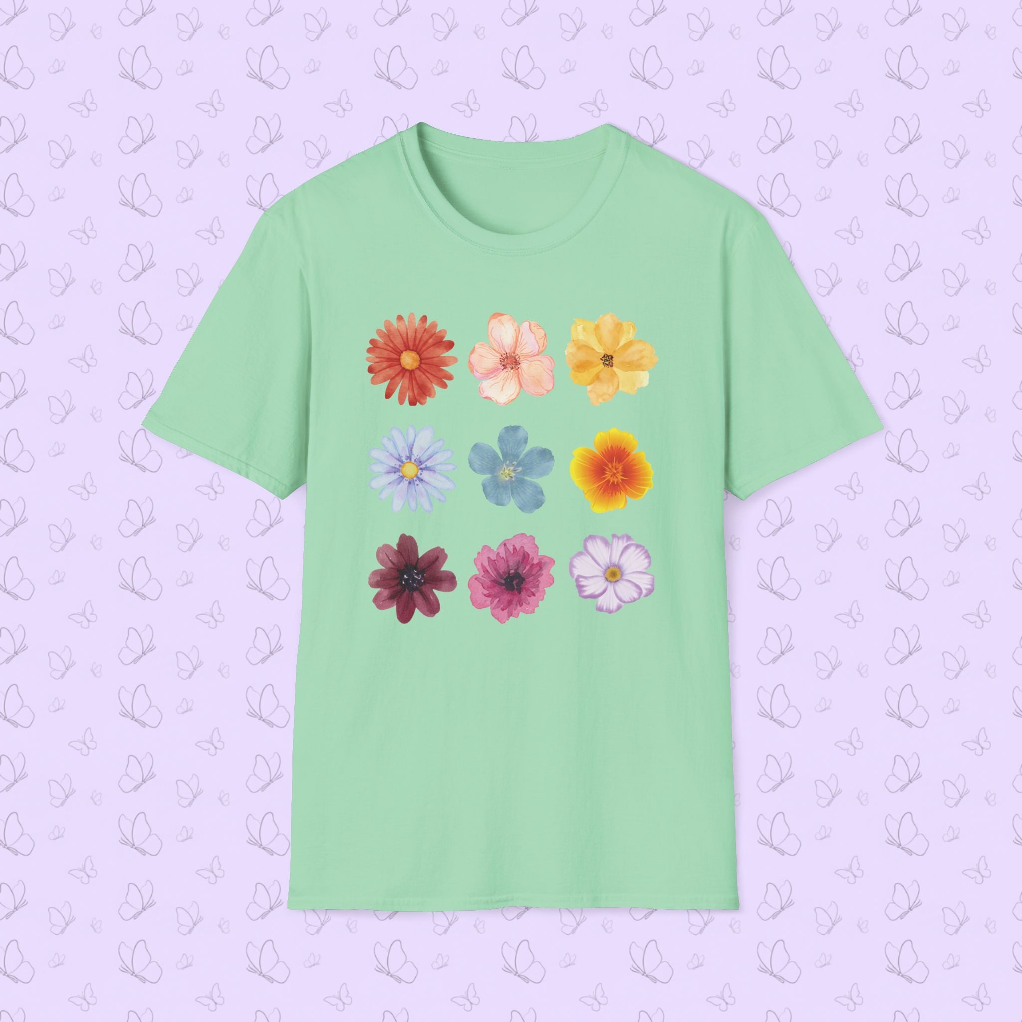 Floral Grid Tee — Colorful Vintage Flower Print T-Shirt